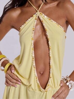 Jaded London Yellow Halter Shell-Trim Mini Romper